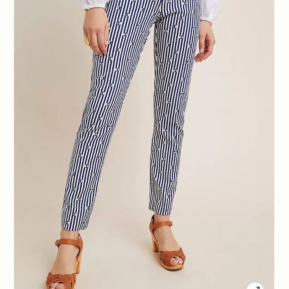 Anthropologie womens size 10 medium essential slim blue white stripe trouser pan